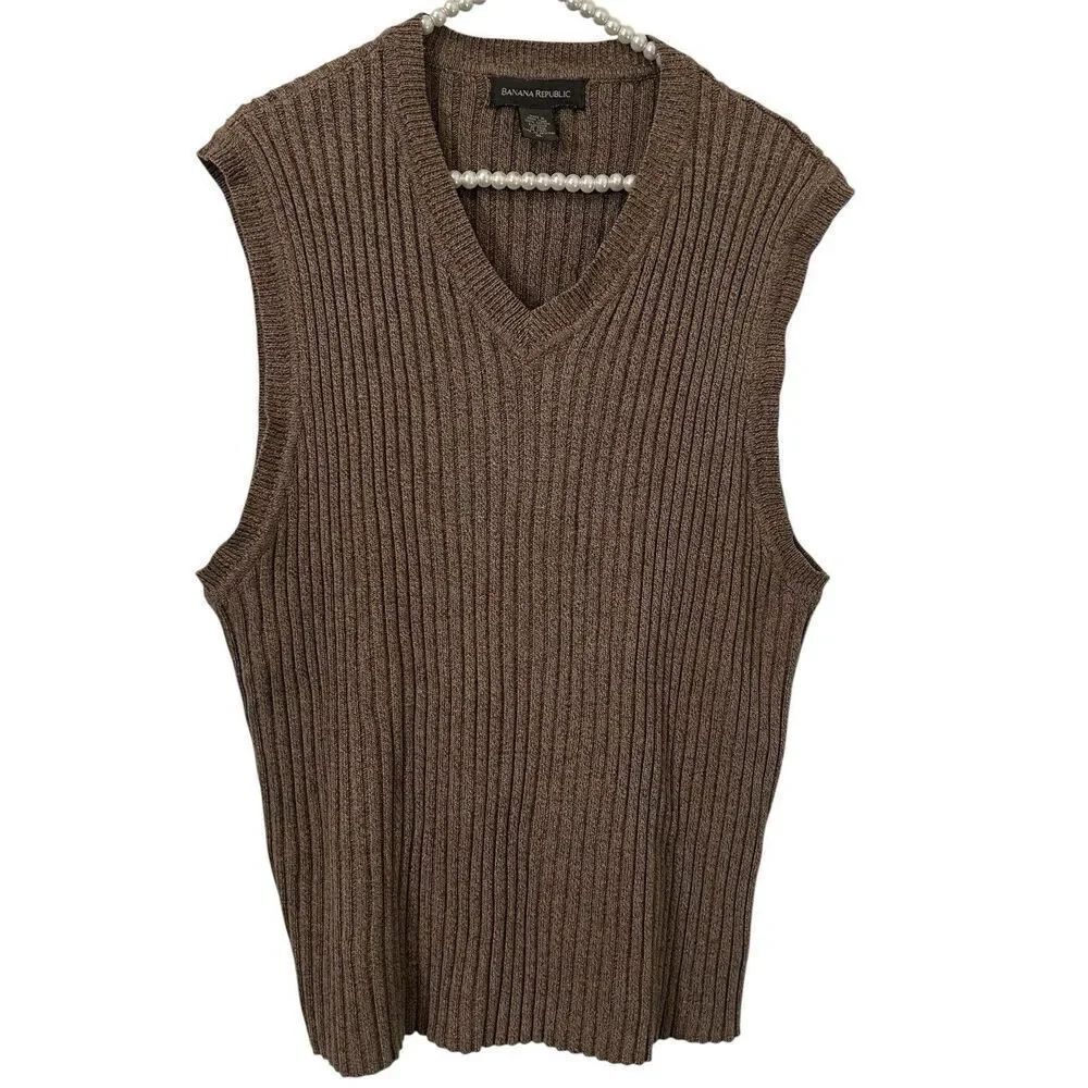 Banana Republic Womens XL Chunky Ribbed Knit Vest Sweater Preppy Brown Grandpa